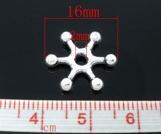 亜鉛合金 スペーサ ビーズ スノーフレーク 銀古美 約16mm x 14mm、 　穴：約2mm、 50 PCs の画像