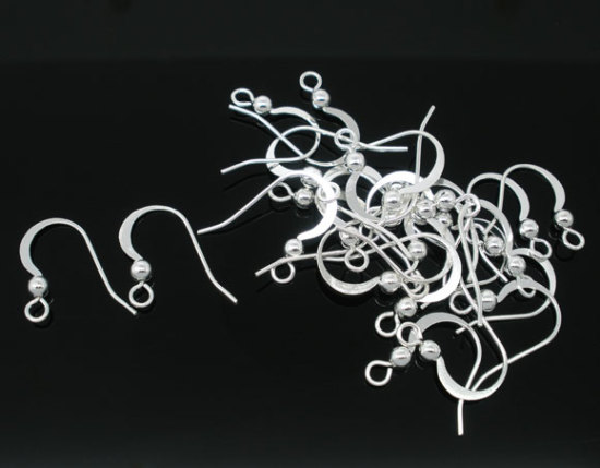 Picture of 200 PCs Brass Ear Wire Hooks Earrings For DIY Jewelry Making Accessories Silver Plated With Loop 17mm x 18mm, Post/ Wire Size: 0.7mm(21 gauge)