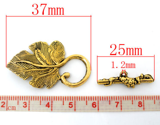 Image de Fermoir Toggle en Alliage de Zinc Feuille Or Vieilli Feuilles Gravé 37mm x 23mm 25mm x 8mm, 20 Kits
