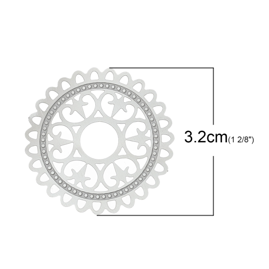 304ステンレス鋼 ハンドメイド  フィリグリー   透かしパーツ  円形 シルバートーン 花柄 3.2cm直径、 10 個 の画像