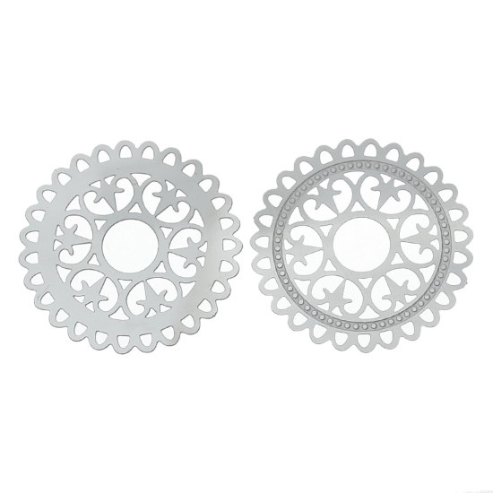 304ステンレス鋼 ハンドメイド  フィリグリー   透かしパーツ  円形 シルバートーン 花柄 3.2cm直径、 10 個 の画像