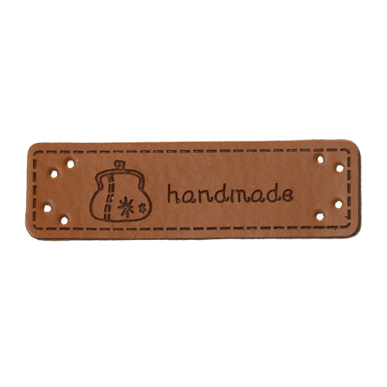 ポリウレタン レザーラベル 長方形 ライトブラウン ハンドバッグ " Hand Made " 50mm x 15mm , 20 個 の画像