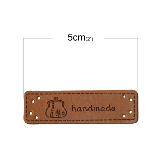 ポリウレタン レザーラベル 長方形 ライトブラウン ハンドバッグ " Hand Made " 50mm x 15mm , 20 個 の画像