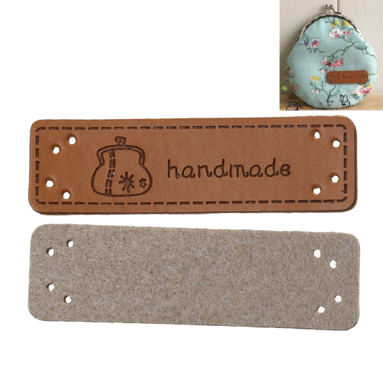ポリウレタン レザーラベル 長方形 ライトブラウン ハンドバッグ " Hand Made " 50mm x 15mm , 20 個 の画像