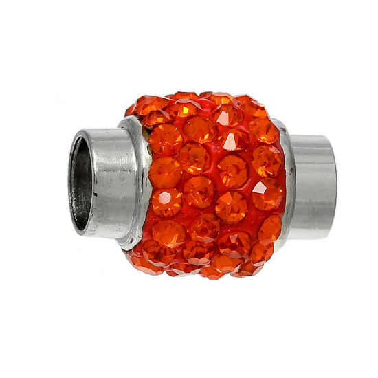 5 セット 亜鉛合金 マグネットクラスプ 円筒形 シルバートーン 橙赤色ラインストーン 17mm x 12mm、 の画像