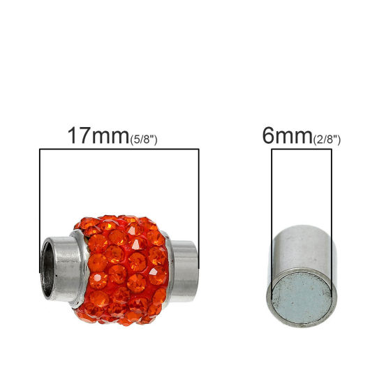 5 セット 亜鉛合金 マグネットクラスプ 円筒形 シルバートーン 橙赤色ラインストーン 17mm x 12mm、 の画像