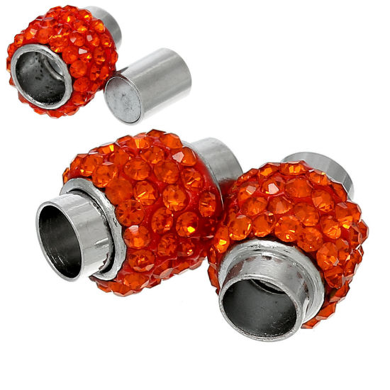 5 セット 亜鉛合金 マグネットクラスプ 円筒形 シルバートーン 橙赤色ラインストーン 17mm x 12mm、 の画像