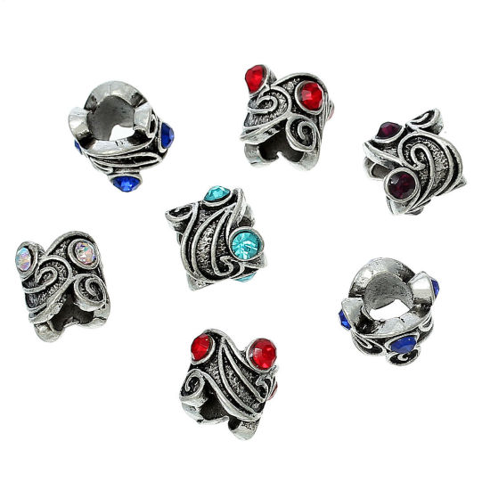 Image de Perles à Gros Trou au Style Européen en Alliage de Zinc Colonne Fleurs Argent Antique à Strass Couleur au Hasard Env. 12mm x 10mm, Tailles de Trous: 5.7mm, 10 Pcs