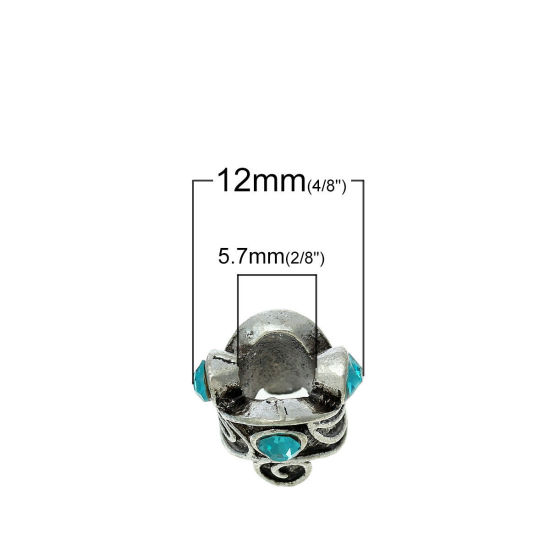 Image de Perles à Gros Trou au Style Européen en Alliage de Zinc Colonne Fleurs Argent Antique à Strass Couleur au Hasard Env. 12mm x 10mm, Tailles de Trous: 5.7mm, 10 Pcs