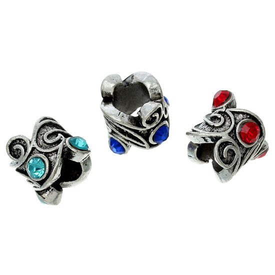Image de Perles à Gros Trou au Style Européen en Alliage de Zinc Colonne Fleurs Argent Antique à Strass Couleur au Hasard Env. 12mm x 10mm, Tailles de Trous: 5.7mm, 10 Pcs