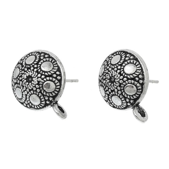 Image de Apprêts de Boucles d'Oreilles Puces en Alliage de Zinc avec Boucle & Embouts Forme Rond Argent Vieilli Fleurs 16mm x 13mm, Epaisseur de Fil: (21 gauge), 20 Pcs