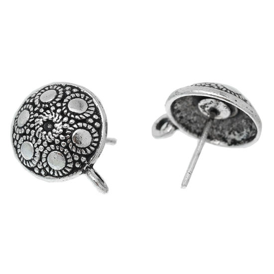 Image de Apprêts de Boucles d'Oreilles Puces en Alliage de Zinc avec Boucle & Embouts Forme Rond Argent Vieilli Fleurs 16mm x 13mm, Epaisseur de Fil: (21 gauge), 20 Pcs