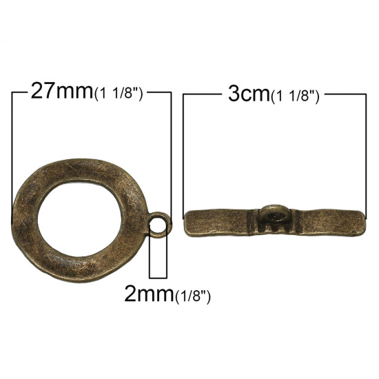 30 セット 亜鉛合金 トグルクラスプ 円形 銅古美 30mm x 5mm 27mm x 23mm、 の画像