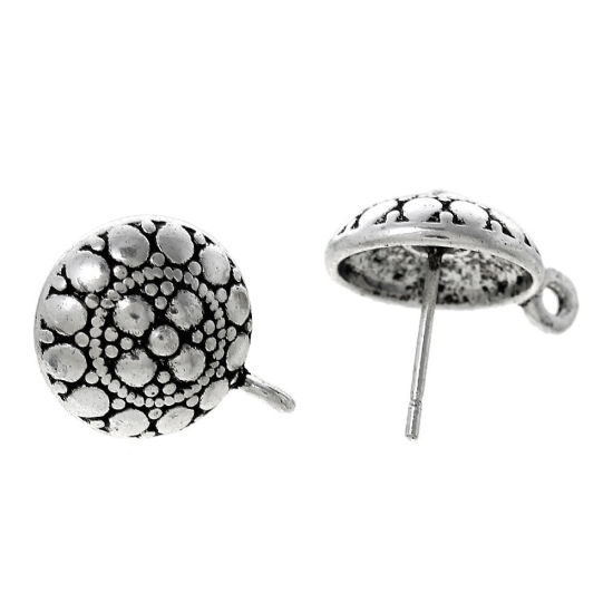 Image de Apprêts de Boucles d'Oreilles Puces en Alliage de Zinc avec Boucle & Embouts Forme Rond Argent Vieilli Tachetures 16mm x 12mm, Epaisseur de Fil: (21 gauge), 20 Pcs