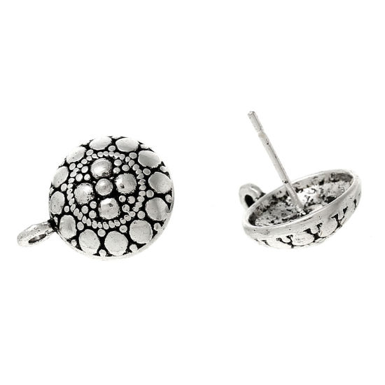 Image de Apprêts de Boucles d'Oreilles Puces en Alliage de Zinc avec Boucle & Embouts Forme Rond Argent Vieilli Tachetures 16mm x 12mm, Epaisseur de Fil: (21 gauge), 20 Pcs