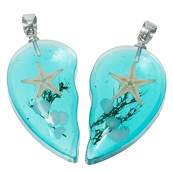 Image de Bijoux d'Océan Pendentifs en Résine Forme Cœur Brisé Bleu-Vert Etoile de Mer Transparent 34mm x 31mm, 1 Paire