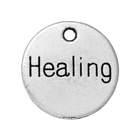 Image de 4 Pcs Breloques Énergie Positive en Alliage de Zinc Argent Vieilli Disque Rond Mots " Healing " 14mm Dia