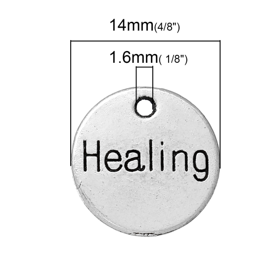 Image de 4 Pcs Breloques Énergie Positive en Alliage de Zinc Argent Vieilli Disque Rond Mots " Healing " 14mm Dia