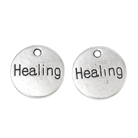 Image de 4 Pcs Breloques Énergie Positive en Alliage de Zinc Argent Vieilli Disque Rond Mots " Healing " 14mm Dia