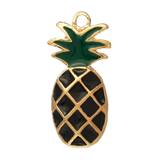Bild von Zinklegierung Charms Obst Ananas Vergoldet Schwarz Emaille 24mm x 11mm, 5 Stücke