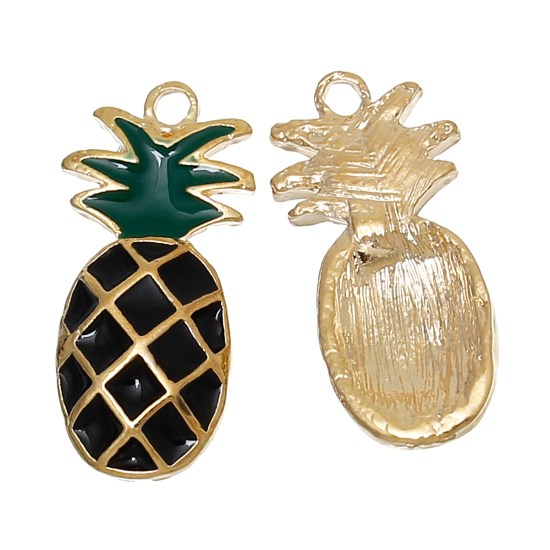 Bild von Zinklegierung Charms Obst Ananas Vergoldet Schwarz Emaille 24mm x 11mm, 5 Stücke