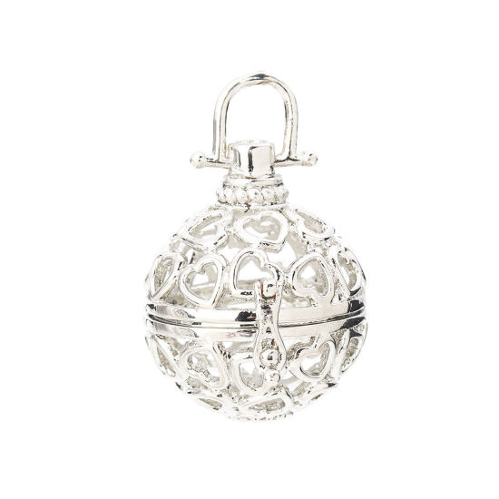 Picture of Brass Pendants Mexican Angel Caller Bola Harmony Ball Wish Box Locket Heart Silver Plated Can Open (Fits 18mm Beads) 36mm(1 3/8") x 28mm(1 1/8"), 2 PCs