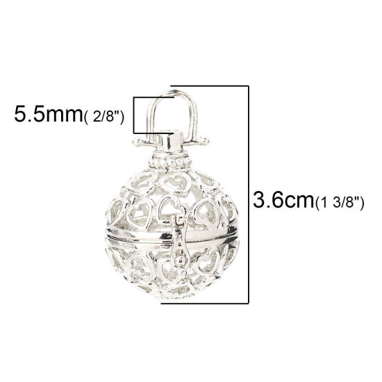 Picture of Brass Pendants Mexican Angel Caller Bola Harmony Ball Wish Box Locket Heart Silver Plated Can Open (Fits 18mm Beads) 36mm(1 3/8") x 28mm(1 1/8"), 2 PCs