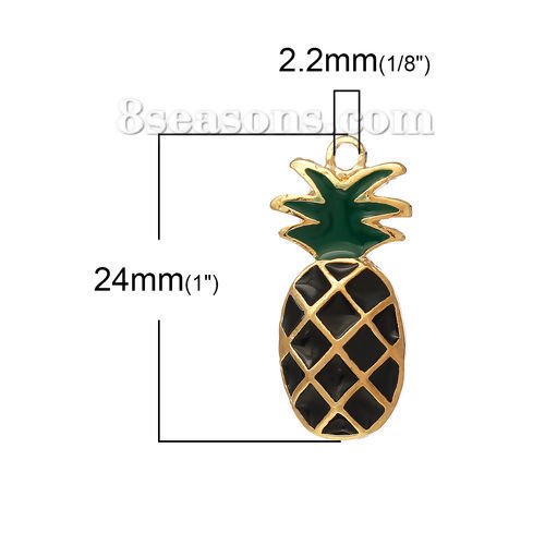 Picture of 1 Piece Zinc Based Alloy Charms Gold Plated Black & Green Pineapple/ Ananas Fruit Enamel 24mm x 11mm