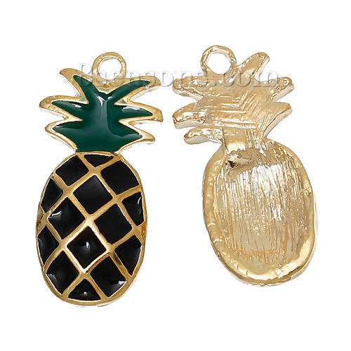 Picture of 1 Piece Zinc Based Alloy Charms Gold Plated Black & Green Pineapple/ Ananas Fruit Enamel 24mm x 11mm