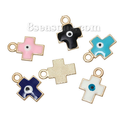 Image de 2 Pcs Breloques Religieux en Alliage de Zinc Doré Couleur Mélangée Au Hasard Croix Œil Mauvais Émail 19mm x 13mm