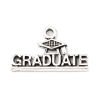 Picture of Zinc Based Alloy College Jewelry Charms Antique Silver Color Trencher Cap Message " Graduate " 22mm x 13mm, 20 PCs