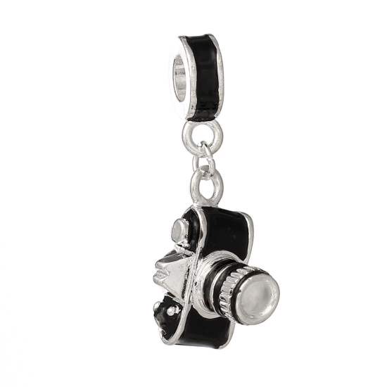 Image de Pendentifs Perle Dangle à Gros Trou au Style Européen en Alliage de Zinc Caméras Voyage Argenté Email Noir 34mm x 10mm, 5 Pcs
