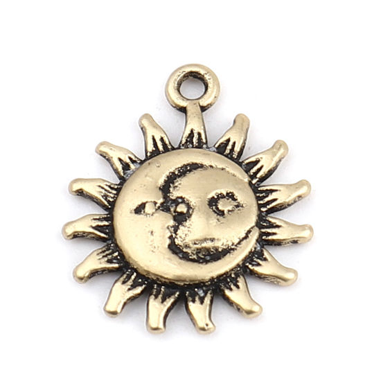 Image de Breloques Galaxie en Alliage de Zinc Or Vieilli Soleil avec Visage 21mm x 17mm, 10 Pcs