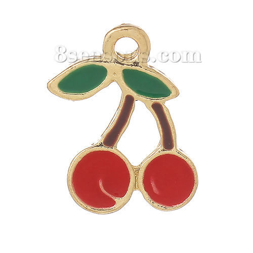 Bild von Zinklegierung Charms Obst Kirsche Vergoldet Rot & Grün Blätter Emaille 18mm x 16mm, 10 Stücke