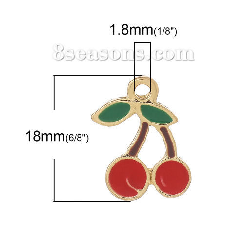 Bild von Zinklegierung Charms Obst Kirsche Vergoldet Rot & Grün Blätter Emaille 18mm x 16mm, 10 Stücke