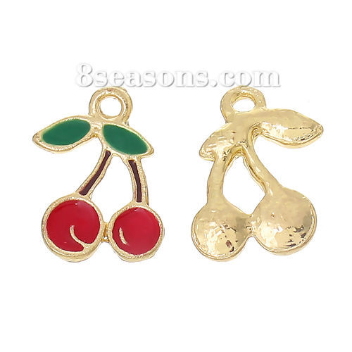 Bild von Zinklegierung Charms Obst Kirsche Vergoldet Rot & Grün Blätter Emaille 18mm x 16mm, 10 Stücke