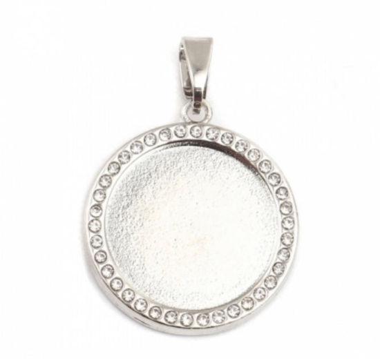 Imagen de Zamak Soporta a Cabachones Colgantes Ronda Plata Antigua (Apta 20mm) Transparente Rhinestone 35mm x 25mm, 2 Unidades