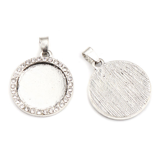 Imagen de Zamak Soporta a Cabachones Colgantes Ronda Plata Antigua (Apta 20mm) Transparente Rhinestone 35mm x 25mm, 2 Unidades