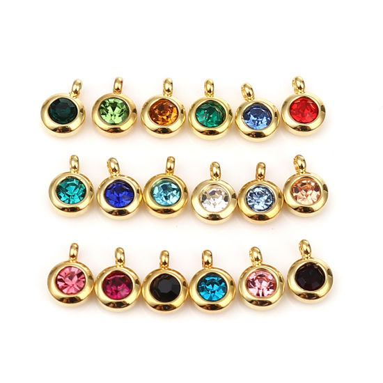 Immagine di 304 Acciaio Inossidabile & Vetro Pietre Nascita Charms Tondo Oro Placcato Trasparente Aprile 9mm x 7mm, 2 Pz