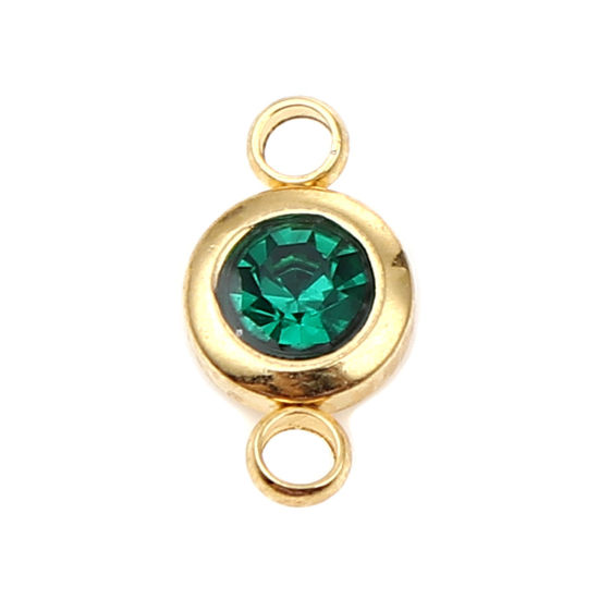 Immagine di 304 Acciaio Inossidabile & Vetro Pietre Nascita Connettore Tondo Oro Placcato Verde Scuro Maggio 12mm x 7mm, 2 Pz