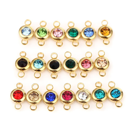 Immagine di 304 Acciaio Inossidabile & Vetro Pietre Nascita Connettore Tondo Oro Placcato Verde Scuro Maggio 12mm x 7mm, 2 Pz
