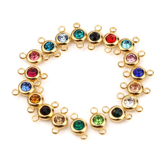 Immagine di 304 Acciaio Inossidabile & Vetro Pietre Nascita Connettore Tondo Oro Placcato Trasparente Aprile 12mm x 7mm, 2 Pz