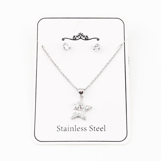 Stainless Steel & Copper Galaxy Jewelry Necklace Earrings Set Silver Tone Round Star Clear Cubic Zirconia 44cm(17 3/8") long, 0.5cm Dia., Post/ Wire Size: (21 gauge), 1 Set の画像