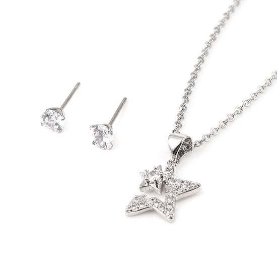 Stainless Steel & Copper Galaxy Jewelry Necklace Earrings Set Silver Tone Round Star Clear Cubic Zirconia 44cm(17 3/8") long, 0.5cm Dia., Post/ Wire Size: (21 gauge), 1 Set の画像