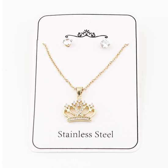 Stainless Steel & Copper Jewelry Necklace Earrings Set Gold Plated Round Crown Clear Cubic Zirconia 44cm(17 3/8") long, 0.5cm Dia., Post/ Wire Size: (21 gauge), 1 Set の画像