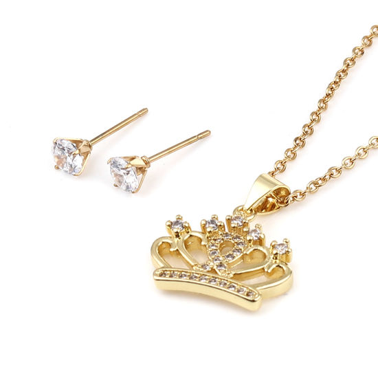 Stainless Steel & Copper Jewelry Necklace Earrings Set Gold Plated Round Crown Clear Cubic Zirconia 44cm(17 3/8") long, 0.5cm Dia., Post/ Wire Size: (21 gauge), 1 Set の画像