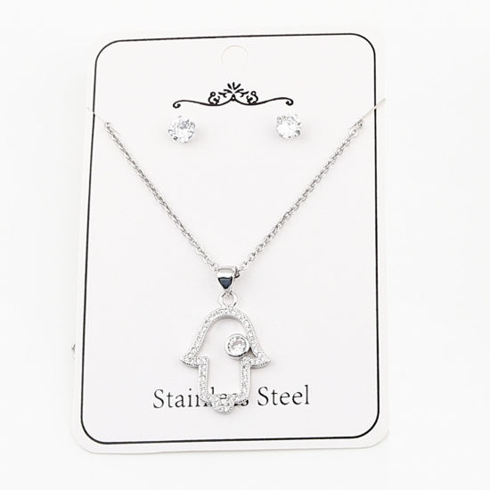 Image de Stainless Steel & Copper Religious Jewelry Necklace Earrings Set Silver Tone Round Hamsa Symbol Hand Micro Pave Clear Cubic Zirconia 44cm(17 3/8") long, 0.5cm Dia., Post/ Wire Size: (21 gauge), 1 Set