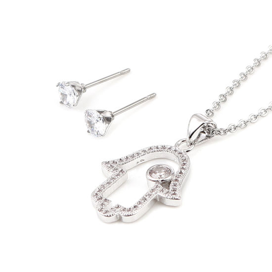 Image de Stainless Steel & Copper Religious Jewelry Necklace Earrings Set Silver Tone Round Hamsa Symbol Hand Micro Pave Clear Cubic Zirconia 44cm(17 3/8") long, 0.5cm Dia., Post/ Wire Size: (21 gauge), 1 Set
