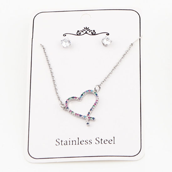 Stainless Steel & Copper Valentine's Day Jewelry Necklace Earrings Set Silver Tone Round Heart Micro Pave Multicolour Cubic Zirconia 44cm(17 3/8") long, 0.5cm Dia., Post/ Wire Size: (21 gauge), 1 Set の画像