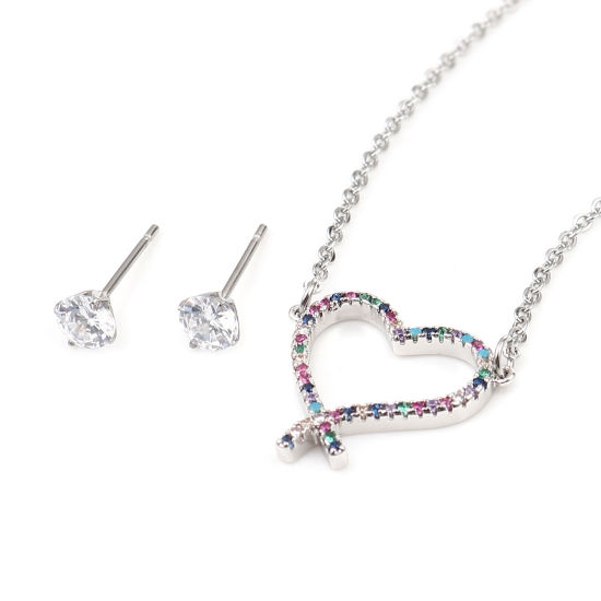 Stainless Steel & Copper Valentine's Day Jewelry Necklace Earrings Set Silver Tone Round Heart Micro Pave Multicolour Cubic Zirconia 44cm(17 3/8") long, 0.5cm Dia., Post/ Wire Size: (21 gauge), 1 Set の画像